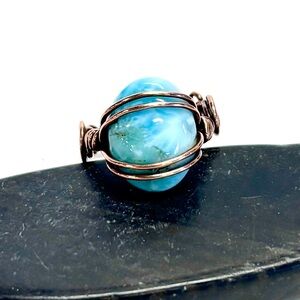 HAND CRAFTED Larimar Wire Wrapped Copper Adjustable Ring, Handmade Jewelry
